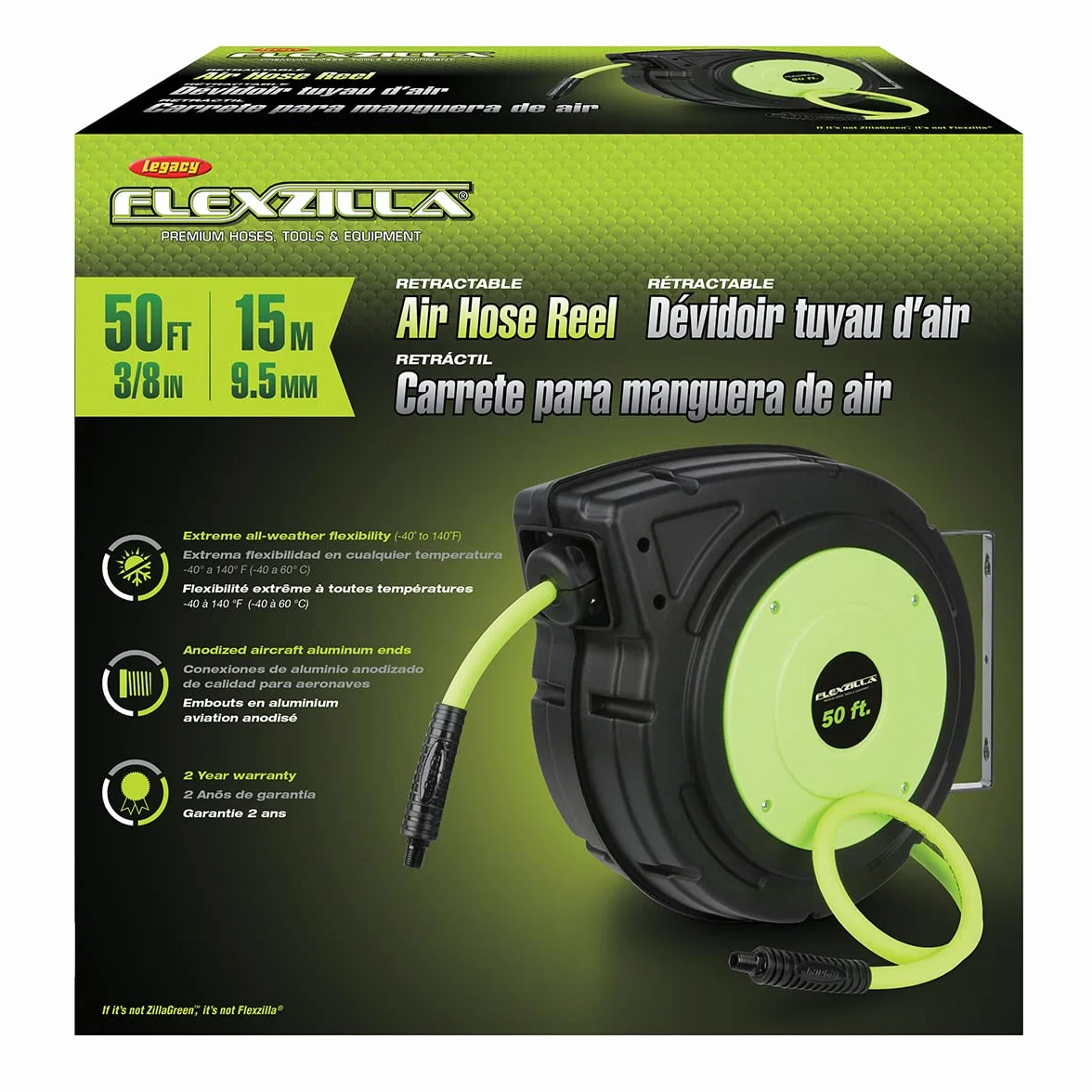 Flexzilla ZillaGreen L8250FZ Zwijany, zamknięty plastikowy bęben na wąż pneumatyczny, 3/8″ x 15 m, wytrzymały, lekki, hybrydowy