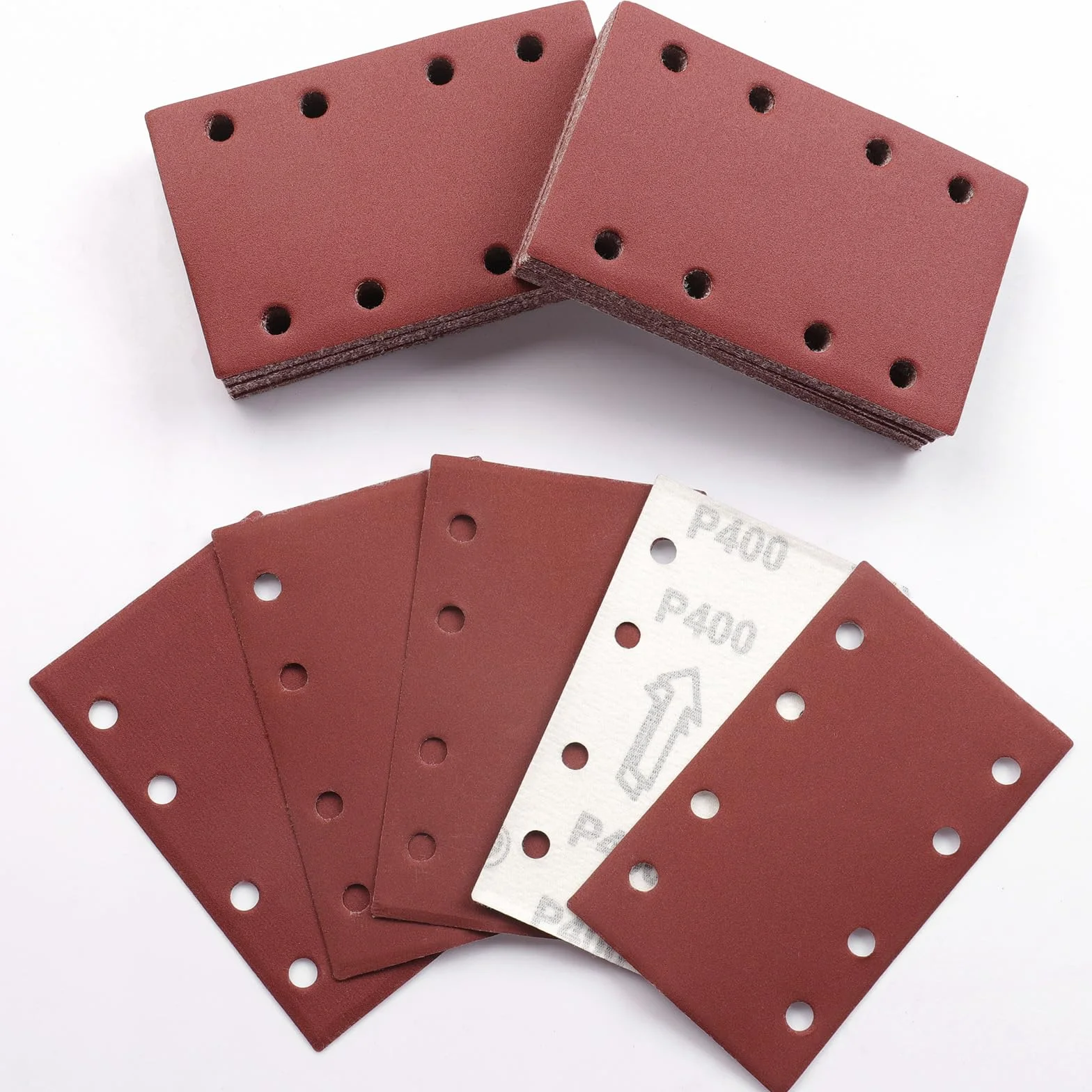80 x 133 mm, papier ścierny, 50 sztuk arkuszy szlifierskich, ziarnistość 400, zestaw prostokątnych arkuszy szlifierskich, rzep, 8 otworów, podkładka szlifierska do szlifierek oscylacyjnych