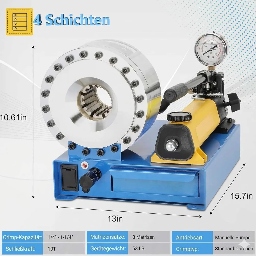 Zakuwarka Hydrauliczna do Węży Profesjonalna | Praska 2000kN | 8 Matryc(10-30mm²) do Przewodów R1 R2 1/4"-1" | Zaciskarka do Maszyn Rolniczych, Aut i Przemysłu | Zestaw Warsztatowy | Certyfikacja CE.