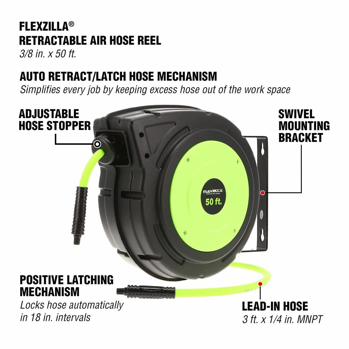 Flexzilla ZillaGreen L8250FZ Zwijany, zamknięty plastikowy bęben na wąż pneumatyczny, 3/8″ x 15 m, wytrzymały, lekki, hybrydowy