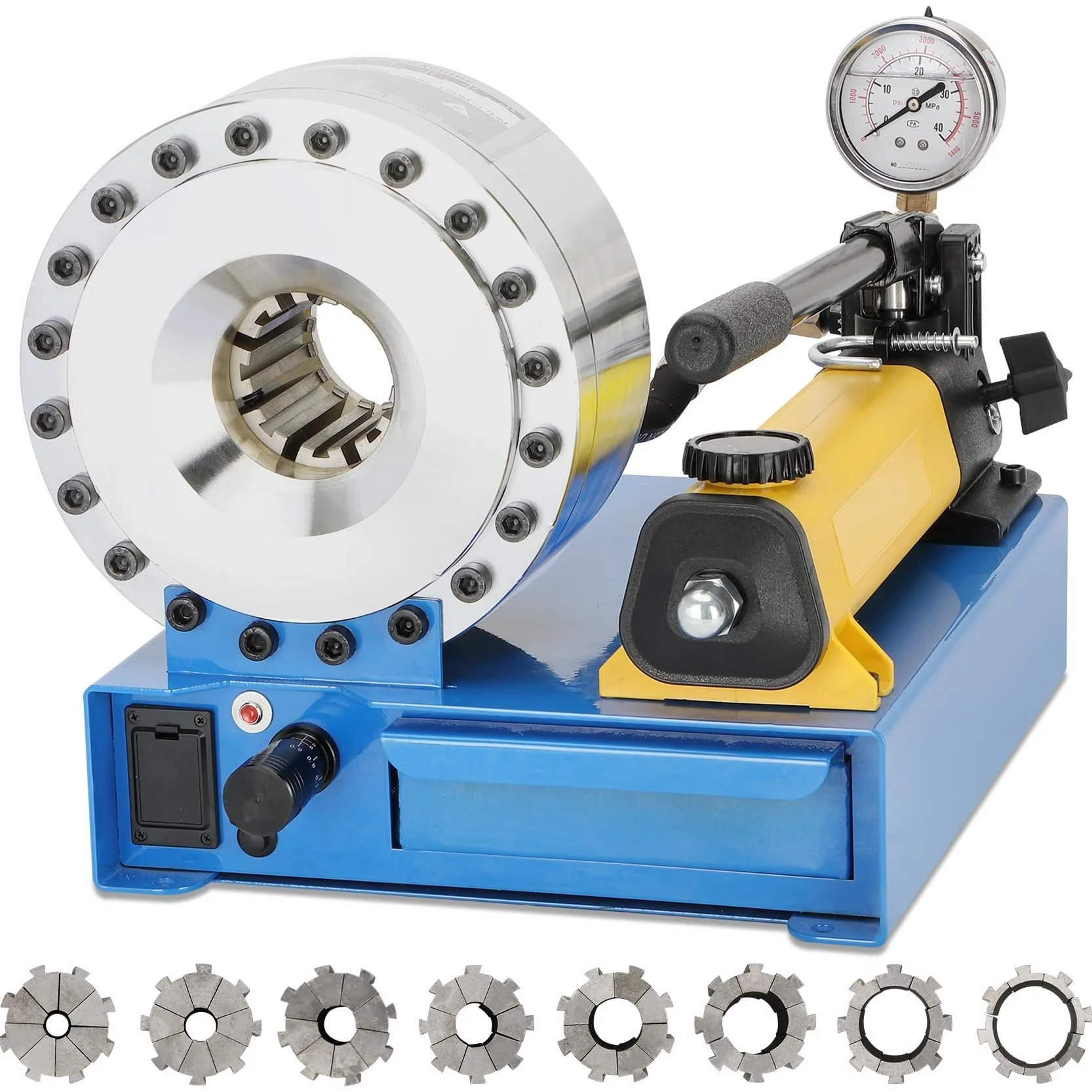 Zakuwarka Hydrauliczna do Węży Profesjonalna | Praska 2000kN | 8 Matryc(10-30mm²) do Przewodów R1 R2 1/4"-1" | Zaciskarka do Maszyn Rolniczych, Aut i Przemysłu | Zestaw Warsztatowy | Certyfikacja CE.