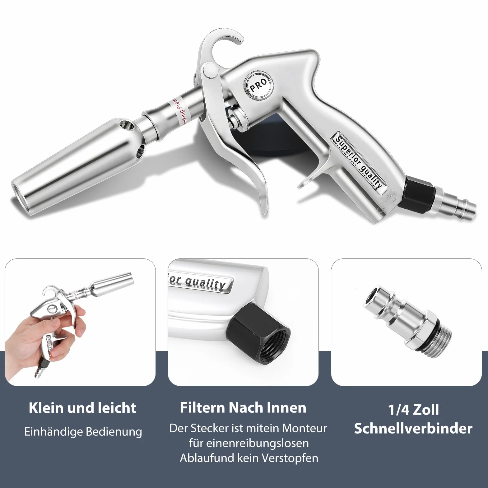 Klasyczny pistolet na sprężone powietrze do szybkiego suszenia i dmuchania, z aluminiową obudową, pistolet pneumatyczny z adapterem