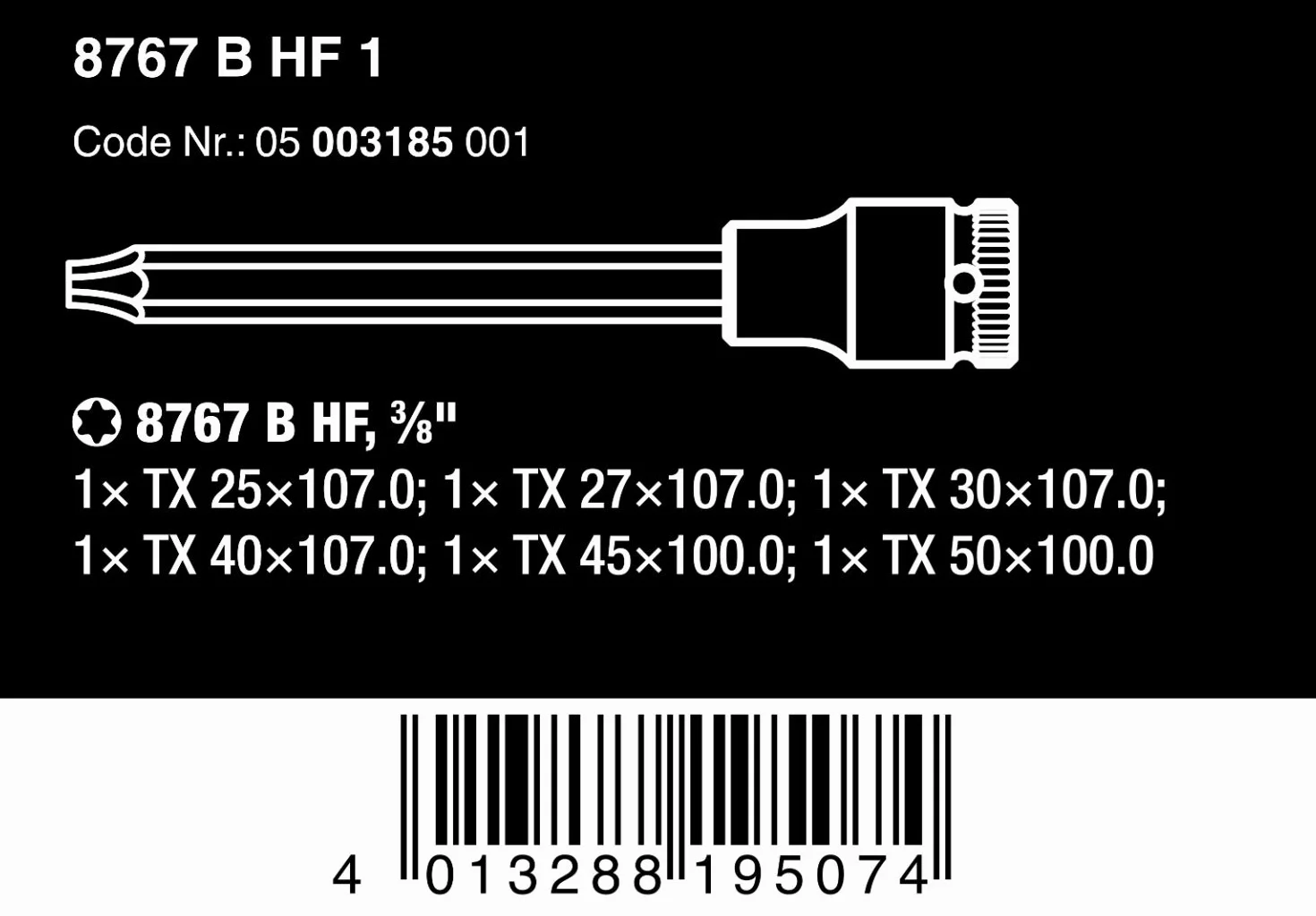 Zestaw wkrętakowych końcówek wymiennych 3/8” TX-HF25-50x74,5/81mm Wera