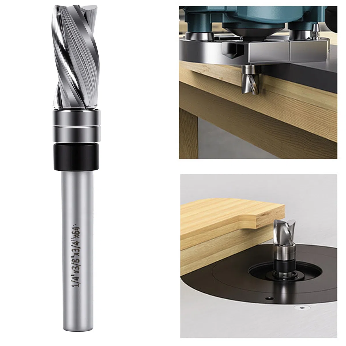 ViaGasaFamido Wiertło Frezarskie Spiral Flush Trim, 3/8 Cala, 3 Ostrza | Węglik Tungstenowy Stal, Szablon do Obróbki Drewna, Sklejka MDF Twarde Drewno, Ręczne Frezarki Stołowe, trzpień 1/4 cala.