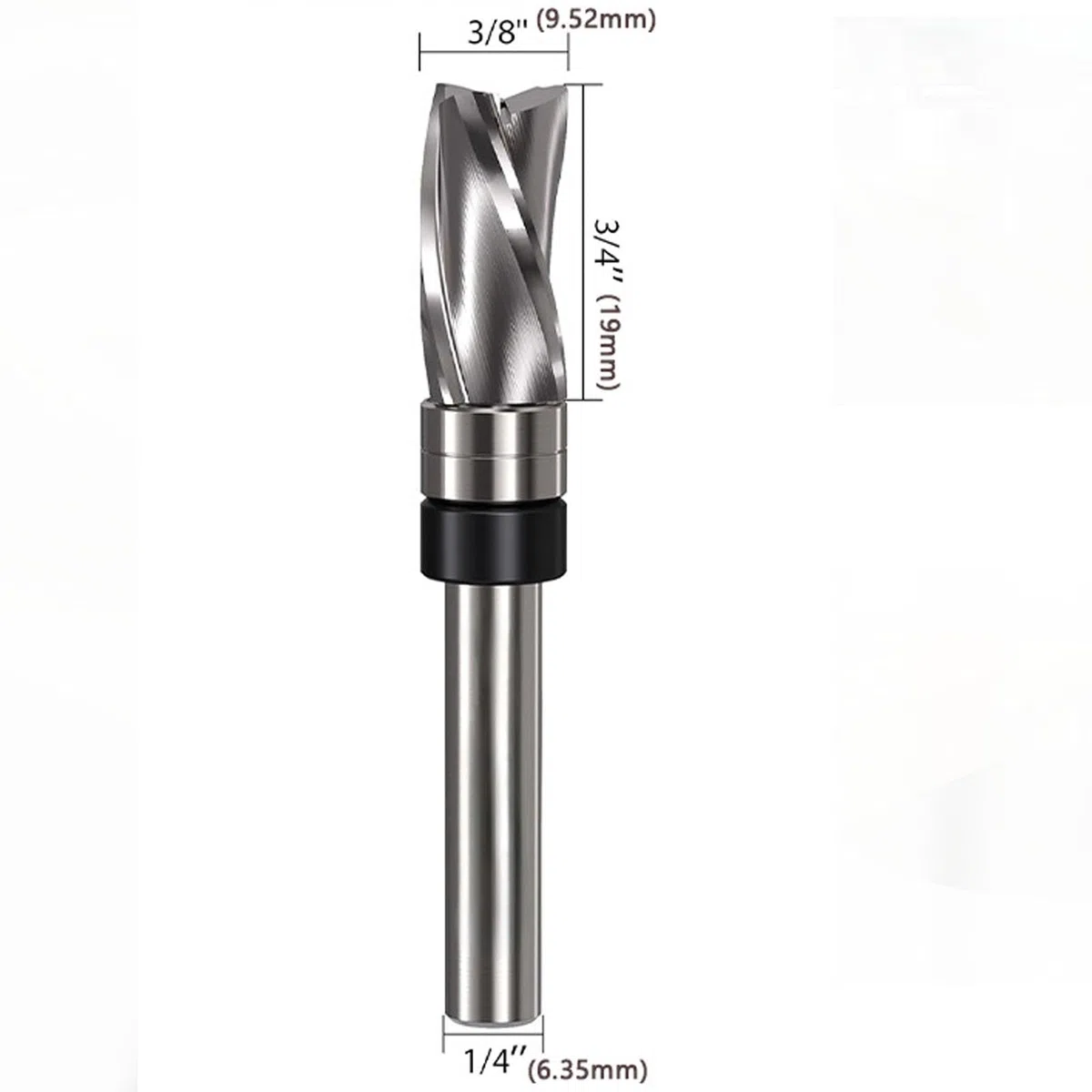 ViaGasaFamido Wiertło Frezarskie Spiral Flush Trim, 3/8 Cala, 3 Ostrza | Węglik Tungstenowy Stal, Szablon do Obróbki Drewna, Sklejka MDF Twarde Drewno, Ręczne Frezarki Stołowe, trzpień 1/4 cala.
