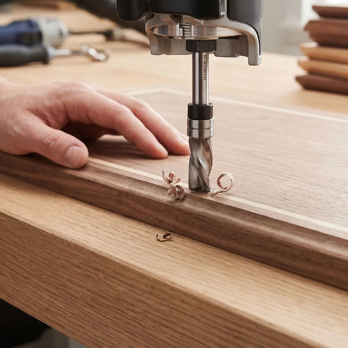 ViaGasaFamido Wiertło Frezarskie Spiral Flush Trim, 3/8 Cala, 3 Ostrza | Węglik Tungstenowy Stal, Szablon do Obróbki Drewna, Sklejka MDF Twarde Drewno, Ręczne Frezarki Stołowe, trzpień 1/4 cala.