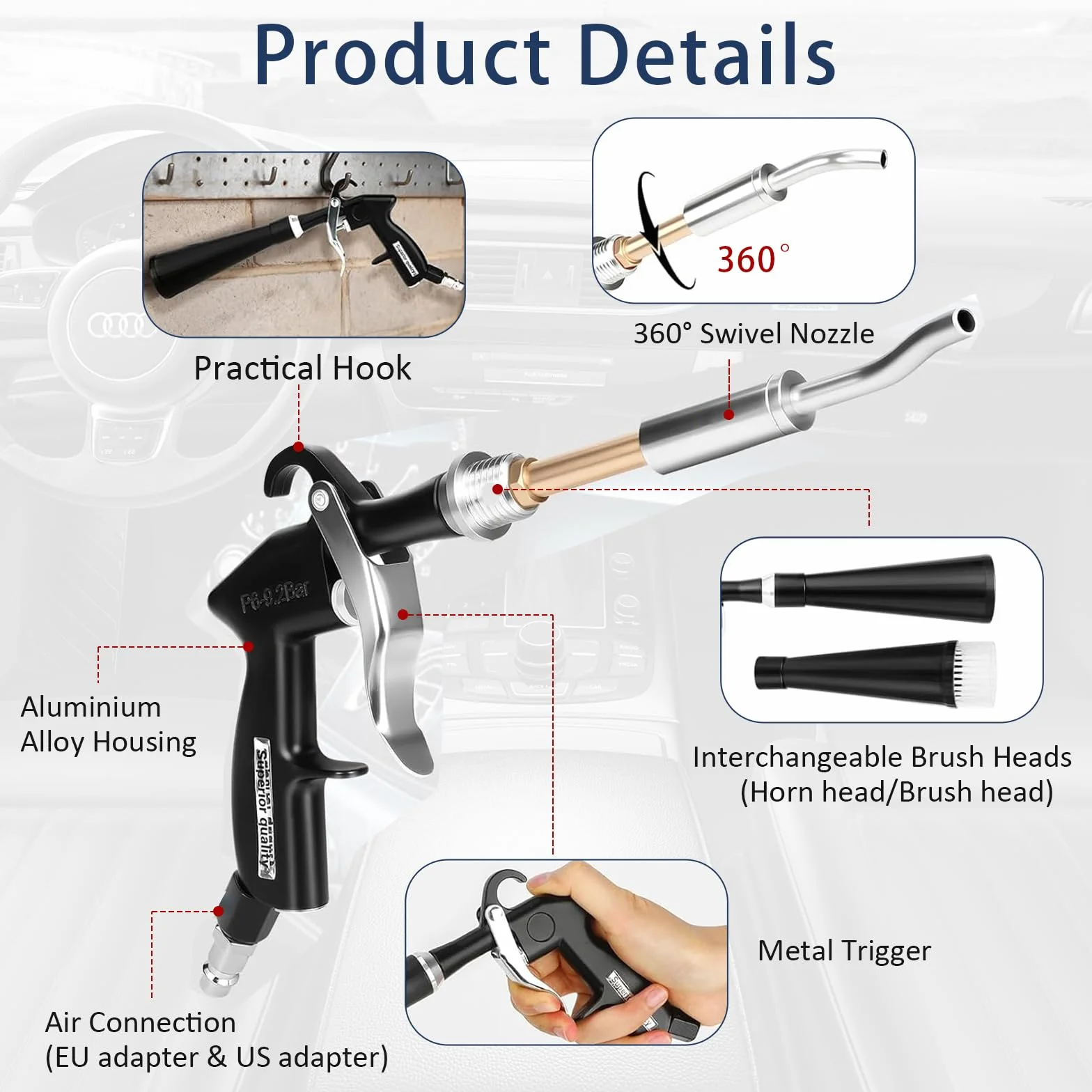 Pistolet do czyszczenia na sprężone powietrze, pistolet do czyszczenia na sucho, kompresor, precyzyjny pistolet pneumatyczny do siedzeń, felg, silnika, materiału, skóry, trudno dostępnych miejsc
