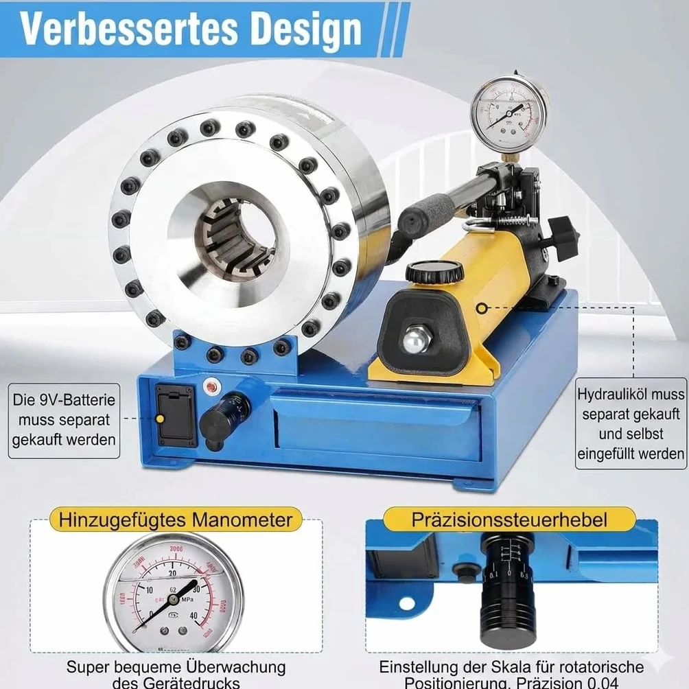 Zakuwarka Hydrauliczna do Węży Profesjonalna | Praska 2000kN | 8 Matryc(10-30mm²) do Przewodów R1 R2 1/4"-1" | Zaciskarka do Maszyn Rolniczych, Aut i Przemysłu | Zestaw Warsztatowy | Certyfikacja CE.