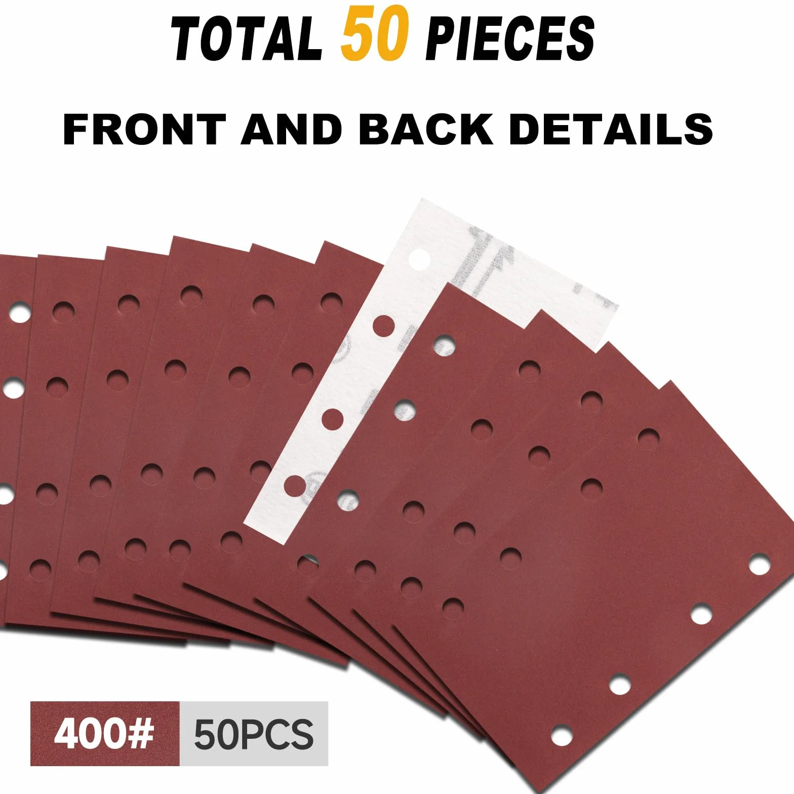 80 x 133 mm, papier ścierny, 50 sztuk arkuszy szlifierskich, ziarnistość 400, zestaw prostokątnych arkuszy szlifierskich, rzep, 8 otworów, podkładka szlifierska do szlifierek oscylacyjnych