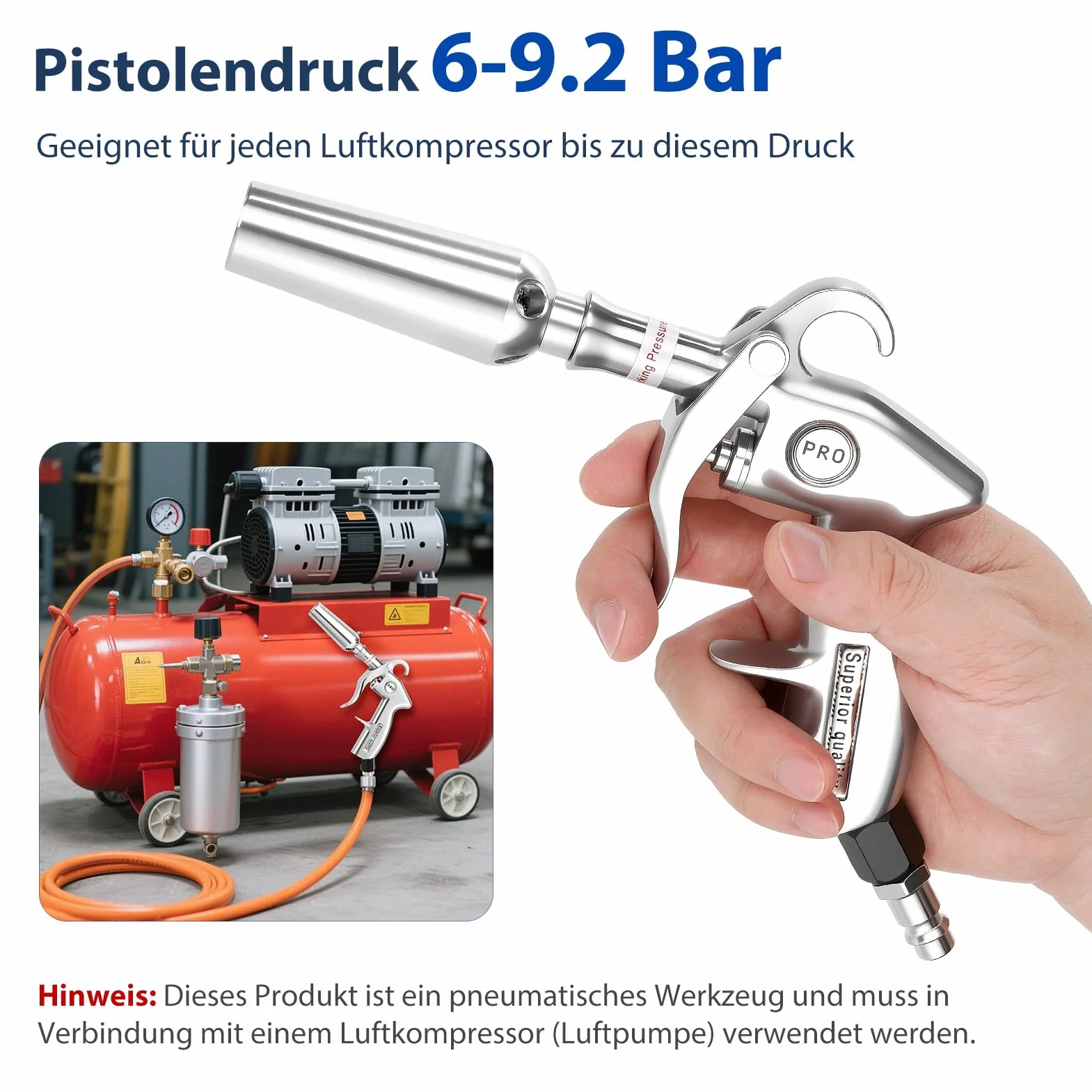 Klasyczny pistolet na sprężone powietrze do szybkiego suszenia i dmuchania, z aluminiową obudową, pistolet pneumatyczny z adapterem
